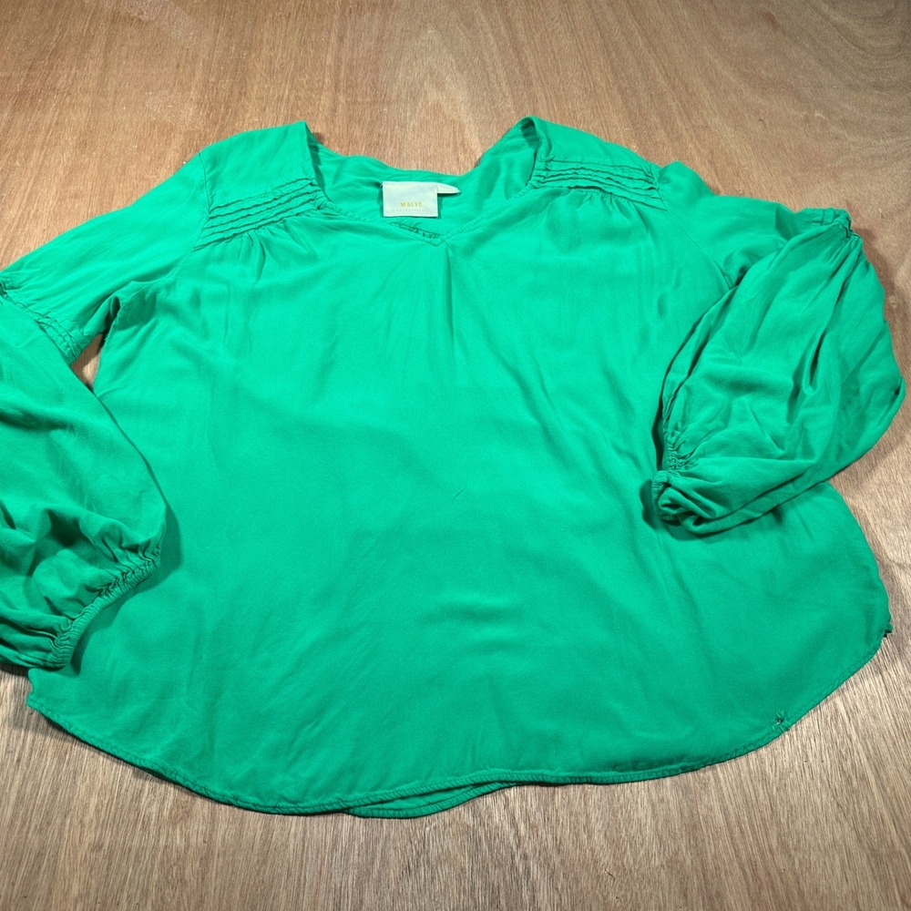 Maeve Anthropologie Blouse Womens XL Green V-Neck Pintuck Balloon Sleeve Viscose